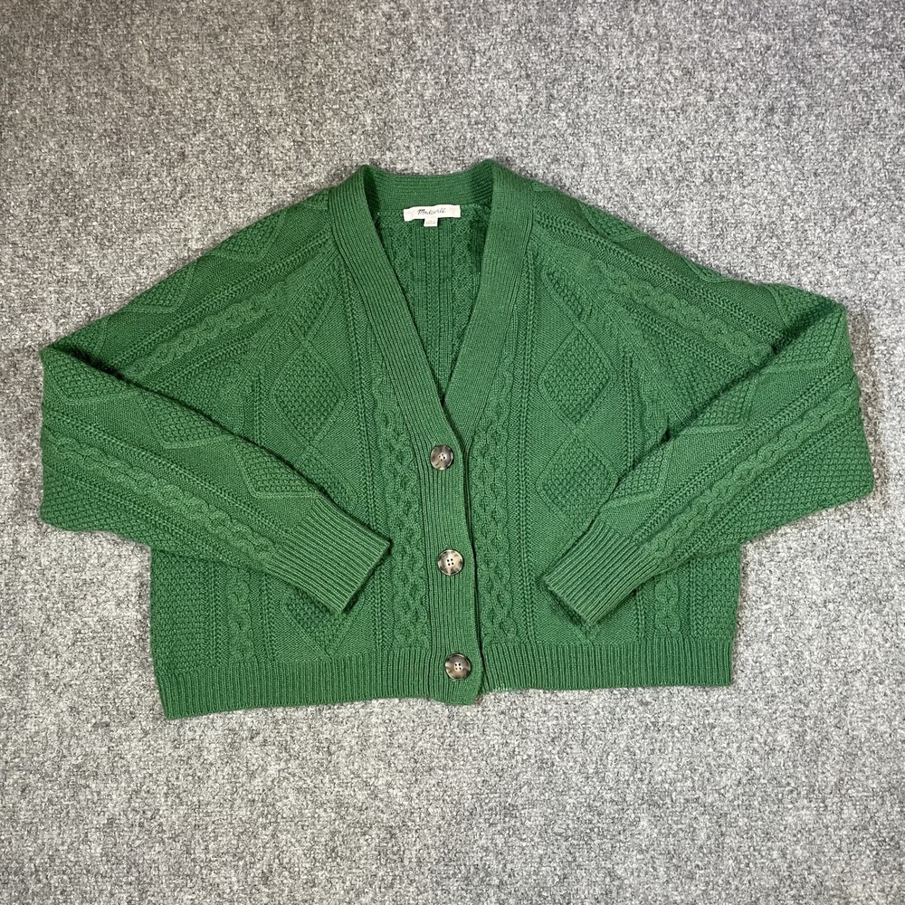 Madewell Cropped Cable Knit Cardigan Sweater Size Small Green Wool Masters Prepp